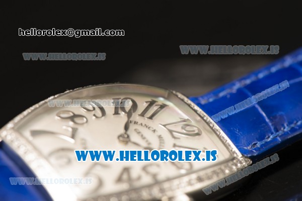 Franck Muller CINTREE CURVEX Diamond Bezel With Blue Calfskin Strap Swiss Ronda 762 Quartz White Dial - Click Image to Close